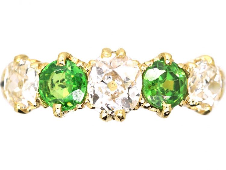 Edwardian 18ct Gold Five Stone Green Garnet & Diamond Ring
