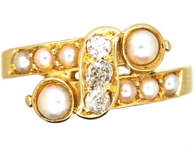 Edwardian 18ct Gold Crossover Ring set with Natural Split Pearls & Diamonds