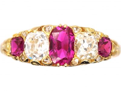 Victorian 18ct Gold Ruby & Diamond Five Stone Ring