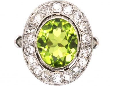 Early 20th Century French Platinum, Peridot & Diamond Oval Cluster Ring