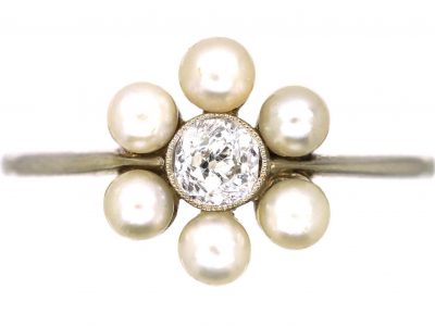 Edwardian 18ct White Gold, Diamond & Natural Pearl Daisy Cluster Ring
