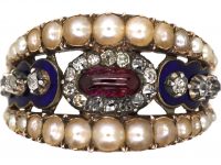 Georgian 9ct Gold, Blue Enamel, Diamond, Cabochon Garnet & Natural Split Pearl Ring