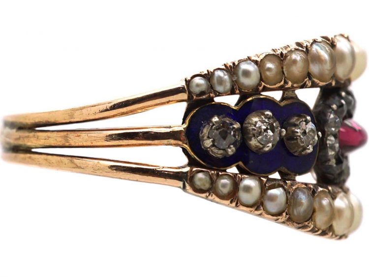 Georgian 9ct Gold, Blue Enamel, Diamond, Cabochon Garnet & Natural Split Pearl Ring