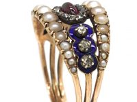 Georgian 9ct Gold, Blue Enamel, Diamond, Cabochon Garnet & Natural Split Pearl Ring