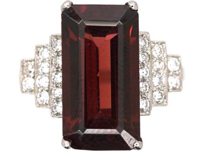 18ct White Gold Ring set with a Rectangular Cut Rhodolite & Step Cut Diamond Shoulders