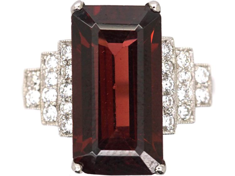 18ct White Gold Ring set with a Rectangular Cut Rhodolite & Step Cut Diamond Shoulders