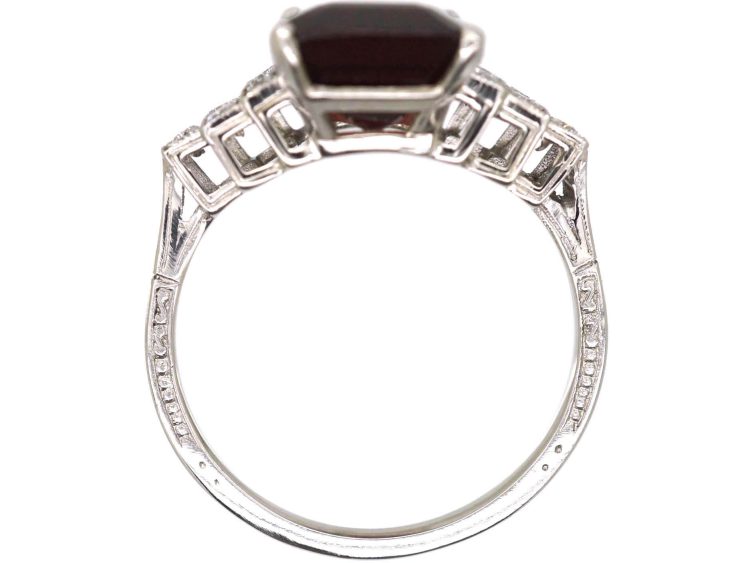 18ct White Gold Ring set with a Rectangular Cut Rhodolite & Step Cut Diamond Shoulders