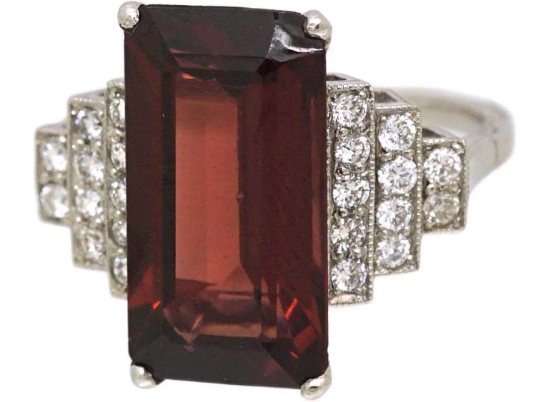 18ct White Gold Ring set with a Rectangular Cut Rhodolite & Step Cut Diamond Shoulders