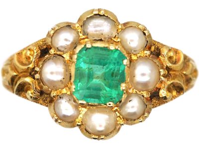 Victorian 18ct Gold Ring set with an Emerald & Natural Split Pearls