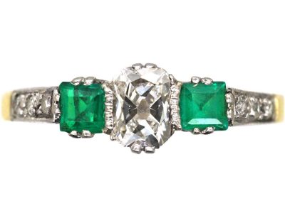 Art Deco 18ct Gold & Platinum, Emerald & Diamond Ring with Diamond Set Shoulders