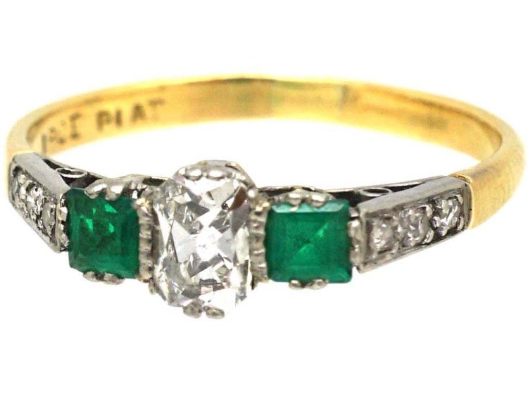 Art Deco 18ct Gold & Platinum, Emerald & Diamond Ring with Diamond Set Shoulders