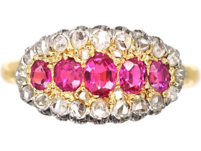 Edwardian 18ct Gold & Platinum, Boat Shaped Ring set with Rose Diamonds & Rubies