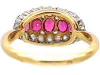 Edwardian 18ct Gold & Platinum, Boat Shaped Ring set with Rose Diamonds & Rubies