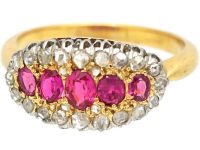 Edwardian 18ct Gold & Platinum, Boat Shaped Ring set with Rose Diamonds & Rubies