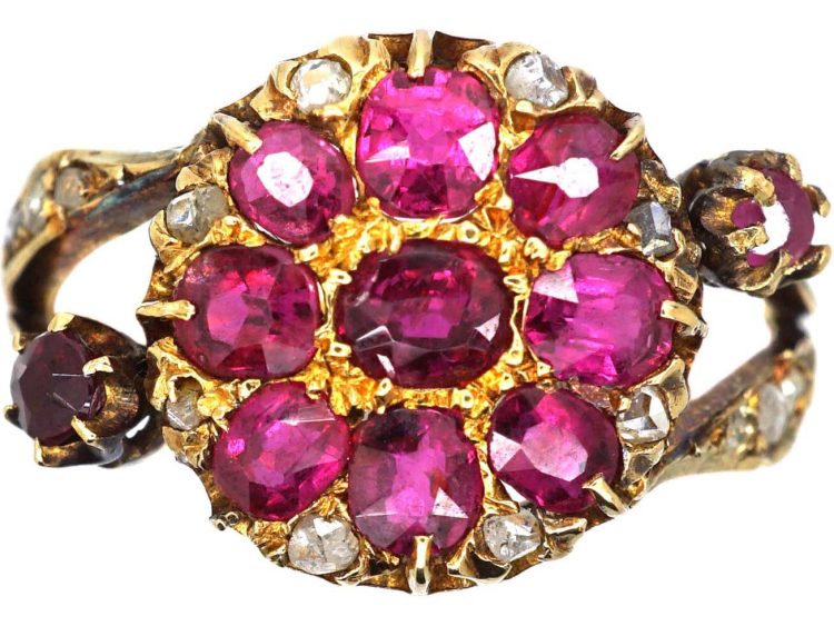 Edwardian 18ct Gold Ruby & Rose Diamond Flower Ring with Flower Stem Shoulders