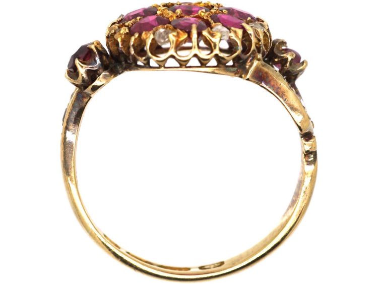 Edwardian 18ct Gold Ruby & Rose Diamond Flower Ring with Flower Stem Shoulders