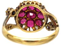 Edwardian 18ct Gold Ruby & Rose Diamond Flower Ring with Flower Stem Shoulders