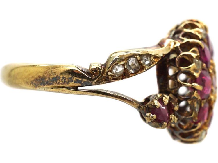 Edwardian 18ct Gold Ruby & Rose Diamond Flower Ring with Flower Stem Shoulders