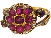 Edwardian 18ct Gold Ruby & Rose Diamond Flower Ring with Flower Stem Shoulders
