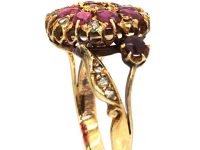 Edwardian 18ct Gold Ruby & Rose Diamond Flower Ring with Flower Stem Shoulders