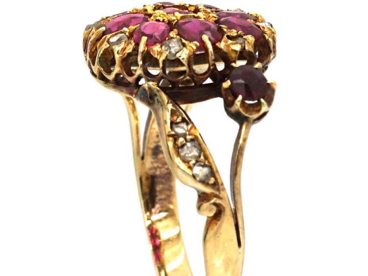 Edwardian 18ct Gold Ruby & Rose Diamond Flower Ring with Flower Stem Shoulders