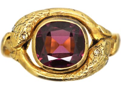 Victorian 18ct Gold Entwined Snakes Ring set with a Garnet
