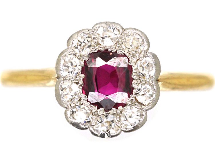 Edwardian 18ct Gold & Platinum Ruby & Diamond Oval Cluster Ring by Alabaster & Wilson