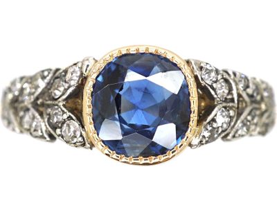 Edwardian 18ct Gold & Platinum, Sapphire & Diamond Ring with Leaf Motif