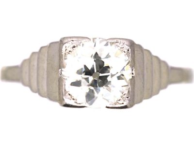 Art Deco 18ct White Gold & Platinum Solitaire Diamond Ring with Step Cut Shoulders