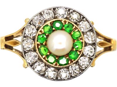 Edwardian 18ct Gold & Platinum Cluster Ring set with Green Garnets, Diamonds & a Natural Pearl