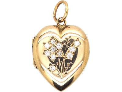Edwardian 9ct Gold Heart Shaped Locket with Flower Motif set with Diamonds