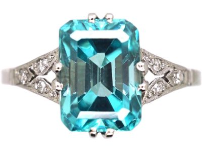 Art Deco 18ct White Gold & Platinum Rectangular Zircon & Diamond Ring