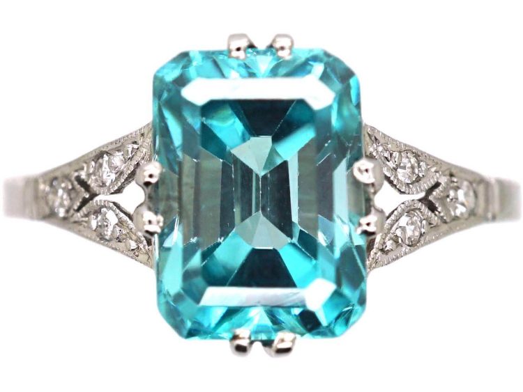 Art Deco 18ct White Gold & Platinum Rectangular Zircon & Diamond Ring