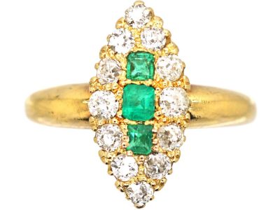 Victorian 18ct Gold Marquise Ring set with Emeralds & Diamonds