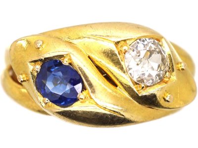 Victorian 18ct Gold Double Snake Ring set with a Sapphire & Diamond