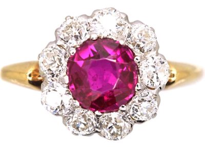 Edwardian 18ct Gold Burma Ruby & Diamond Cluster Ring