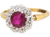 Edwardian 18ct Gold Burma Ruby & Diamond Cluster Ring