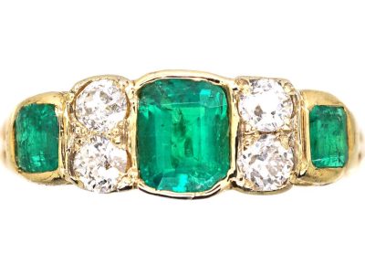 Victorian 18ct Gold Three Stone Emerald & Diamond Carved Half Hoop Ring