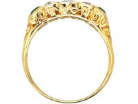 Victorian 18ct Gold Three Stone Emerald & Diamond Carved Half Hoop Ring