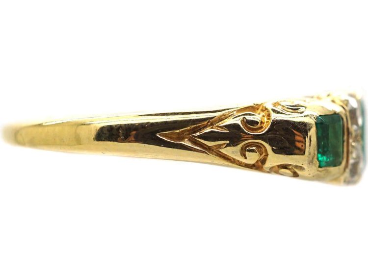 Victorian 18ct Gold Three Stone Emerald & Diamond Carved Half Hoop Ring