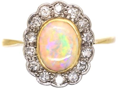 Edwardian 18ct Gold & Platinum, Opal & Diamond Oval Cluster Ring