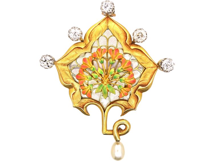 Art Nouveau French 18ct Gold Plique-a-Jour Enamel, Diamond & Natural Pearl Brooch Pendant