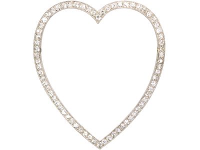 Edwardian Platinum Large Heart Shaped Brooch set with Diamonds