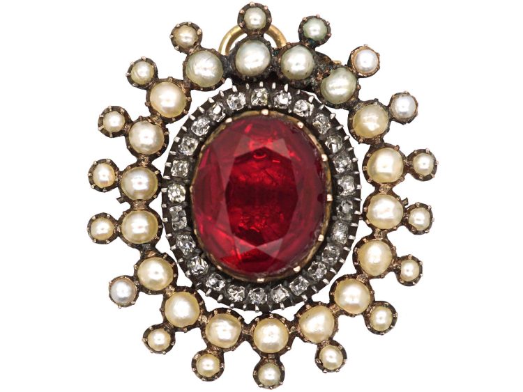 Georgian 9ct Gold Pendant set with Natural Split Pearls, Diamonds & Red Paste