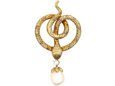 19th Century 14 Carat Gold & Diamond Snake Brooch with Baroque Pearl Drop