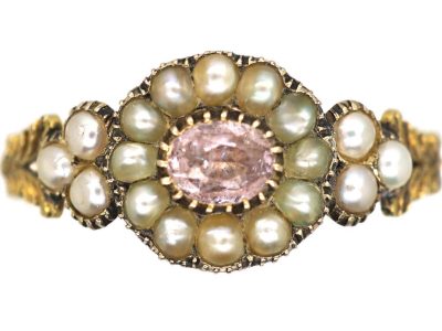 Georgian 9ct Gold Cluster Ring set with a Pink Tourmaline & Natural Split Pearls