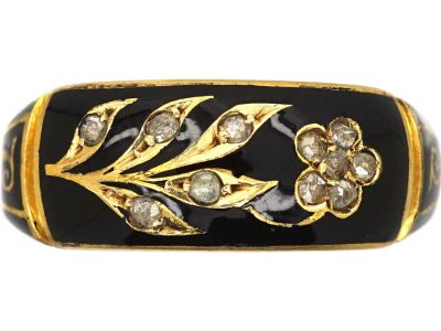 Victorian 18ct Gold & Black Enamel & Diamond Flower Ring