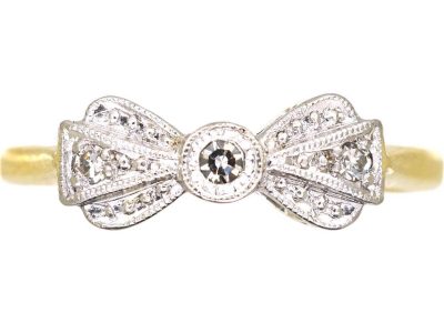 Art Deco 18ct Gold & Platinum Bow Ring set with Diamonds
