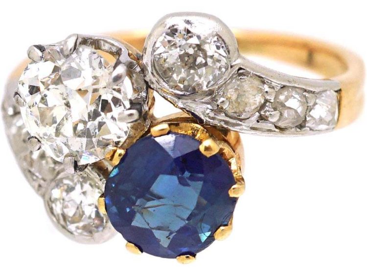 Edwardian 18ct Gold & Platinum, Sapphire & Diamond Crossover Ring