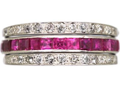 Art Deco 18ct White Gold Flip Over Ring set with Rubies, Sapphire & Diamonds